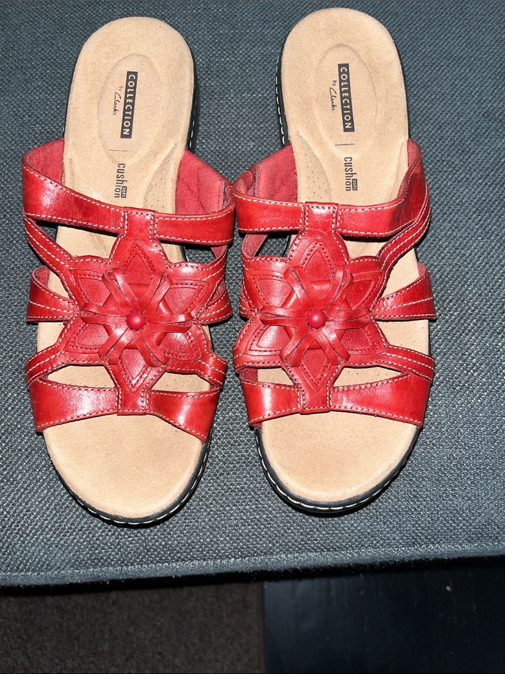 Clarks Red Floral Cutout Leather Slide Sandals